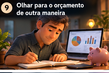 Homem revisando o orçamento com caderno, gráficos e cofrinho